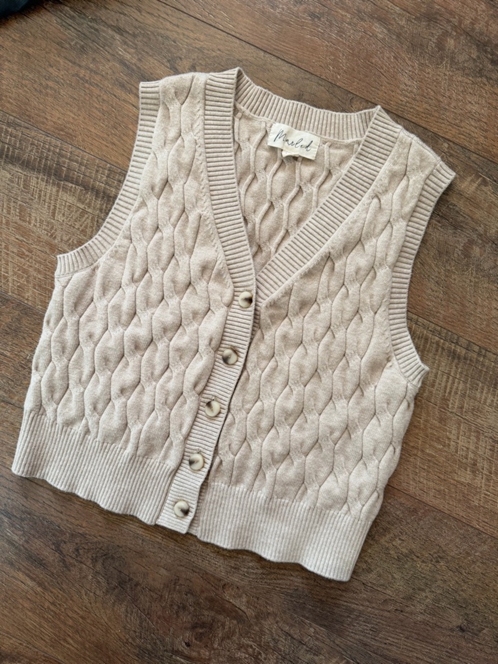 Marled Oatmeal Cable Knit Button Vest - Picture 7 of 7